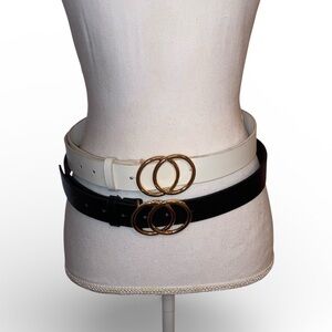 SHEIN Fashion Belts (Set of Two) Gold Tone Circles Faux Leather Black White Gold